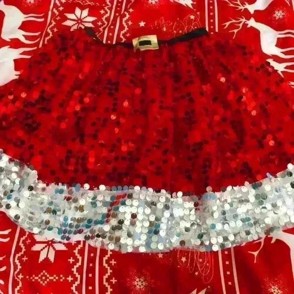 Girls Sequined Santa Tutu Skirt - One Size Christmas Holiday Festive Outfit